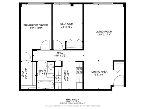 Floor plan for 2 beds, 1 bath, 775 sqft